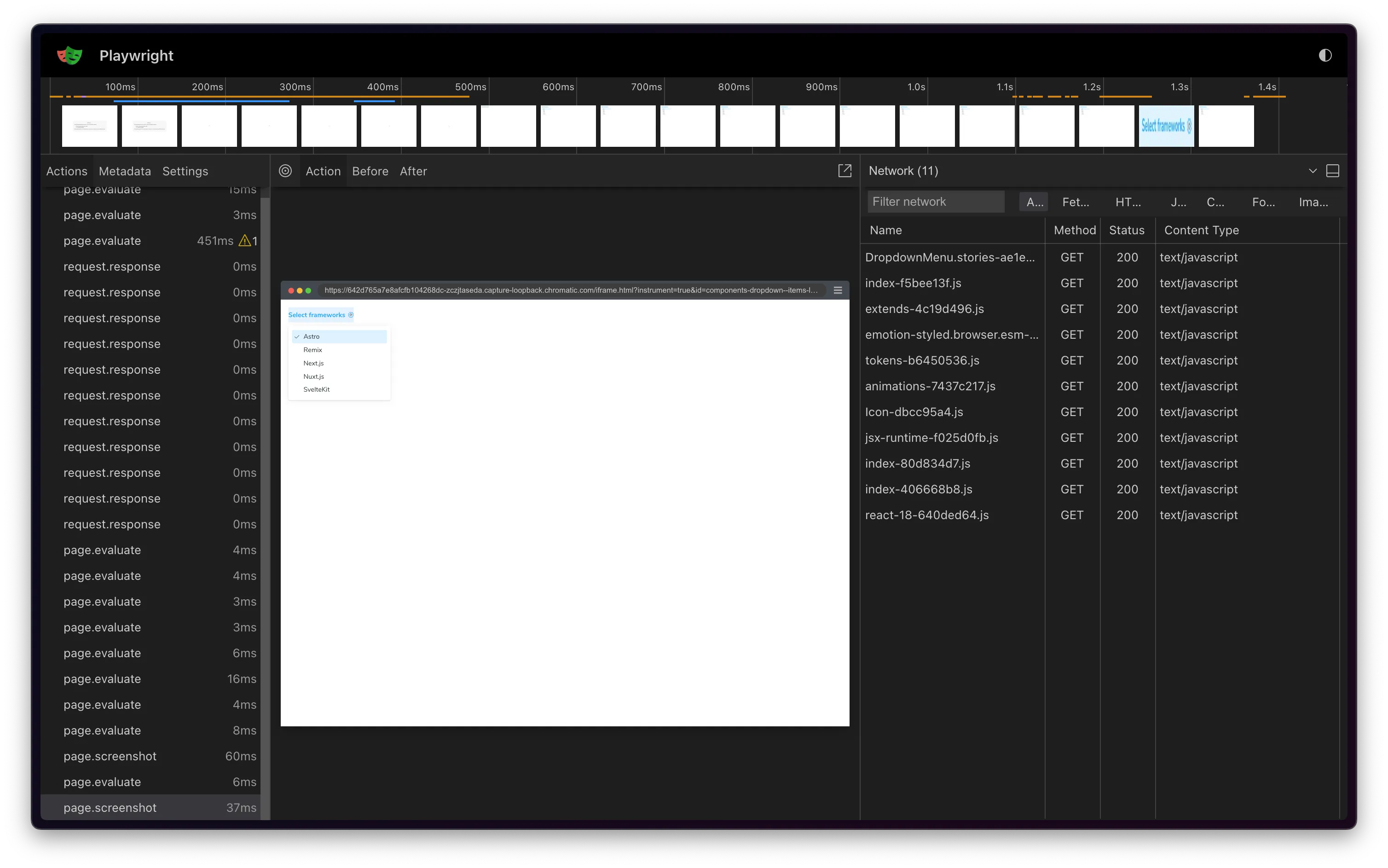 Example of a Playwright trace capturing network requests and displaying the final DOM structure